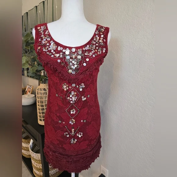 Free People Shell Game Embellished Burgundy Lace Dress - Picture 1 of 8